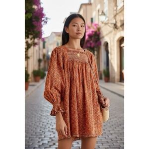 DOEN Estee Floral Smocked Mini Dress Cotton Dress  Size medium